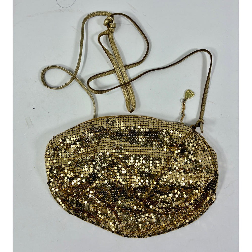 Whiting & Davis Gold Metal Mesh Crossbody Bag Vintage Evening Clutch Disco
